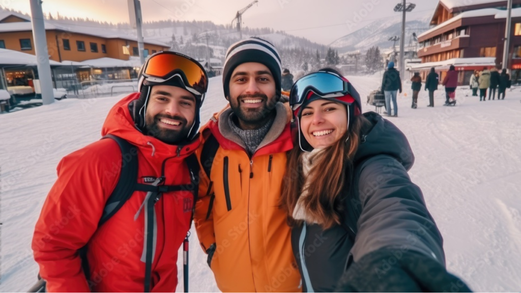 Memorable Winter Moments Group of People Posed with Skis at an Indian Ski Resort Capturing the Early Morning Joy