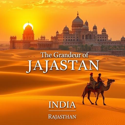 Rajasthan, with ornate palaces glowing at sunset, endless golden sand dune